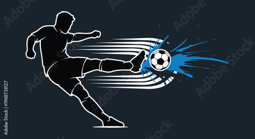 Dynamic soccer player silhouette kicking ball, powerful football striker action with speed lines and blue paint splash, athletic sports vector illustration