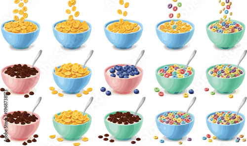 elicious Breakfast Cereal Collection with Different Flavors, Colors, and Bowls for Food, Morning Routine, and Healthy Lifestyle Illustration Projects