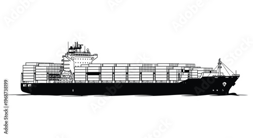 A detailed black and white illustration depicts a large container ship at sea showcasing its massive scale as a silhouette