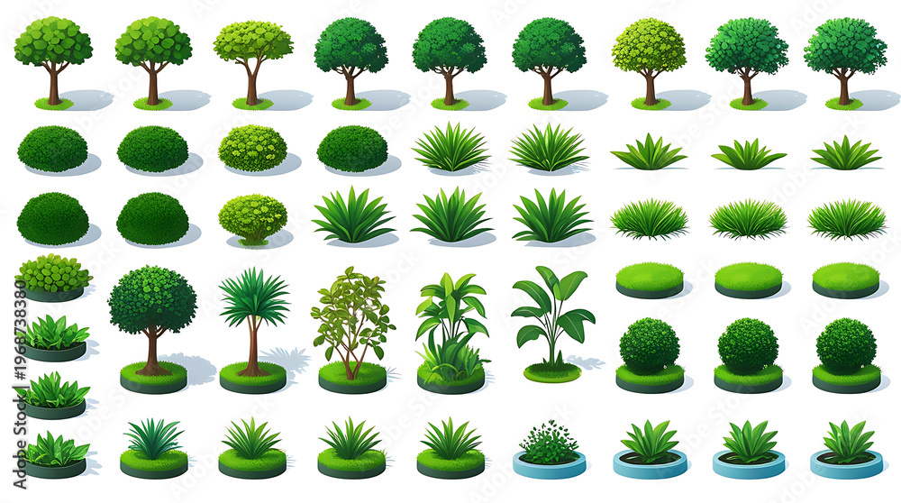 Fototapeta premium Top View Garden Plants Trees Bushes Landscape Elements Set.