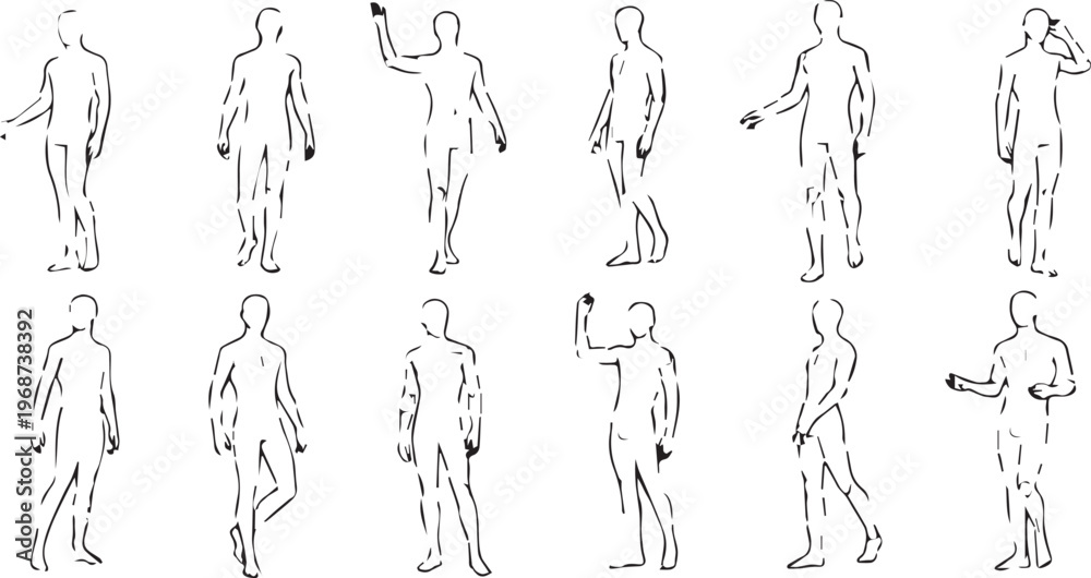 Fototapeta premium Set of 12 Hand-Drawn Sketchy Human Figure Poses Vector isolated PNG with Transparent Background