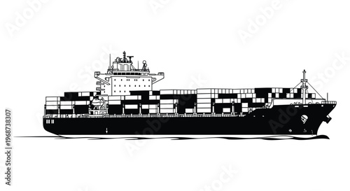 A striking black and white illustration depicts a large container ship on water presented as a bold silhouette high quality professional