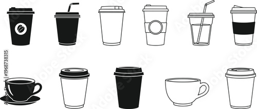 Coffee cup icons set, disposable and ceramic mugs, beverage container illustration, cafe design artwork, drink symbol concept, branding vector graphic