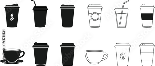 Coffee cup icons, takeaway and mug silhouettes, beverage container illustration, café design artwork, drink symbol concept, branding graphic representation
