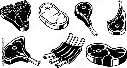 black and white illustrations of various raw meat cuts for cooking and grilling purposes