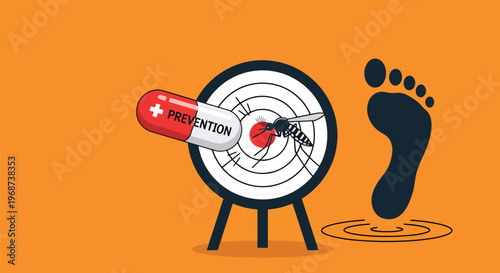 Prevention capsule lands on target with mosquito inside symbolizing health protection and mosquito eradication, protecting from disease.