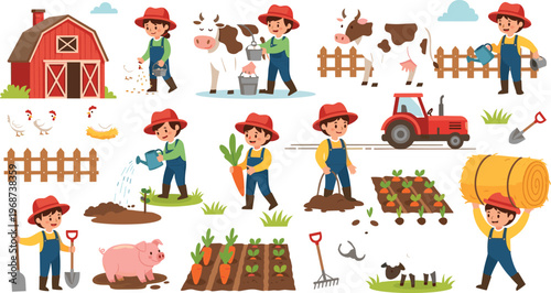 Farm Work Illustration Set Featuring Farmer, Tractor, Animals, Barn, and Gardening Activities for Kids' Designs