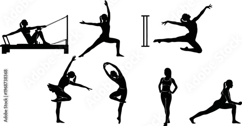 set of women in various dance and exercise poses silhouettes isolated on white background