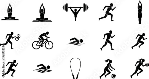 black silhouettes of people performing various sports and fitness activities on white background