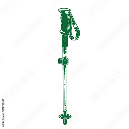 Single green trekking pole with a contoured hand grip and wrist strap featuring a distressed texture on a white background