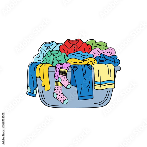 Overflowing laundry basket full of colorful clothes and socks, domestic chore illustration
