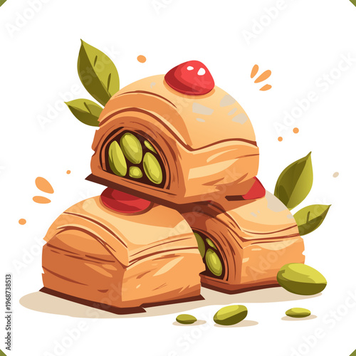 Vector illustration of pistachio baklava pieces with nuts, isolated on a white background