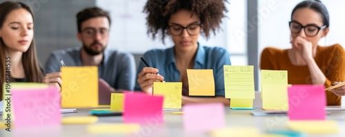 Wide shot of a diverse team brainstorming ideas with vibrant sticky notes in a focused collaborative office workshop, featuring blurred foreground notes and engaged professionals.