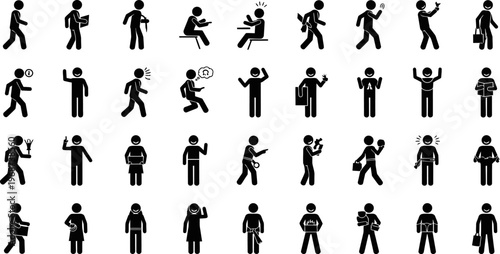stick figures of people in various poses and actions on white background