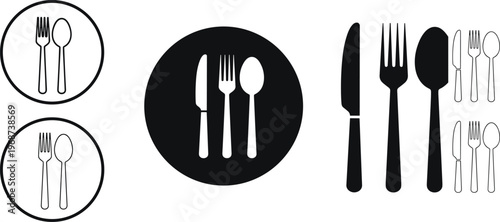 "Cutlery icon set, fork knife spoon silhouettes, dining utensil vector illustration, restaurant menu design, food service graphic, kitchenware concept art"