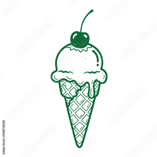 Single scoop of melting ice cream in a waffle cone topped with a cherry rendered in a dark green distressed ink stamp style on a white background