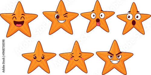 Cartoon starfish with different facial expressions on white background