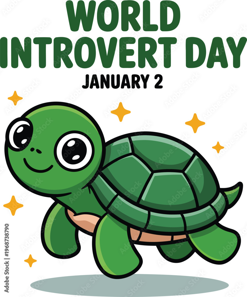 Obraz premium Green cartoon turtle with stars for introvert day january 2