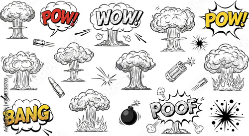 comic book style explosion and action words illustrations on white background