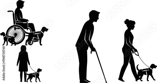 Silhouettes of people with guide dogs and mobility aids for accessibility and assistance  various individuals with disabilities using service dogs