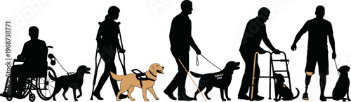 Silhouettes of people with disabilities and their service dogs in various mobility assistance situations
