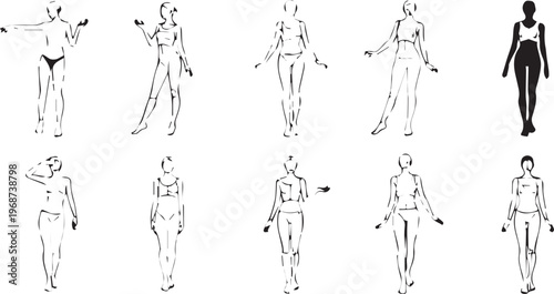 Set of 10 Female Body Type Sketch Vector Illustrations isolated PNG with Transparent Background