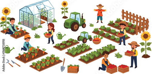 Farmers and Greenhouse Illustration Set Featuring Tractor, Sunflowers, Gardening, and Harvesting Activities for Kids' Designs