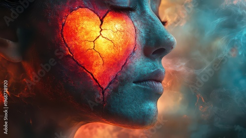 Woman's face with a cracked heart on her cheek, surrounded by fire and smoke.