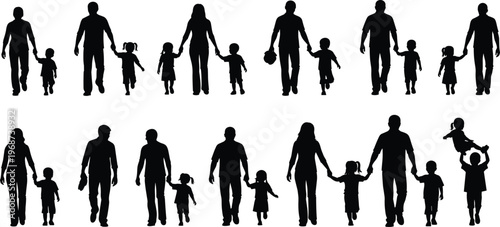 "Family silhouette icon set, parents children vector illustration, social relationship design, community concept graphic, lifestyle interaction symbol art"