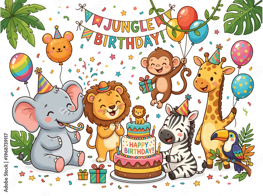 Fototapeta premium Jungle Safari Animals Birthday Party Illustration with Cake