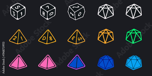 Assorted polygonal dice in varying colors on a black background