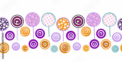 Seamless pattern of colorful whimsical lollipop shapes on white background