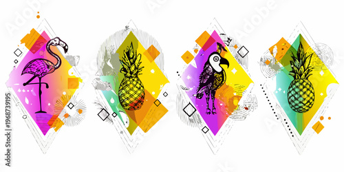 Tropical birds and fruit illustrations arranged within geometric diamond shapes