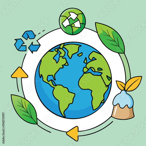 Eco-friendly Earth symbol with green leaves and recycle icon