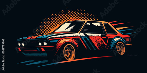 Stylized vintage car illustration with vibrant colors and dynamic speed lines