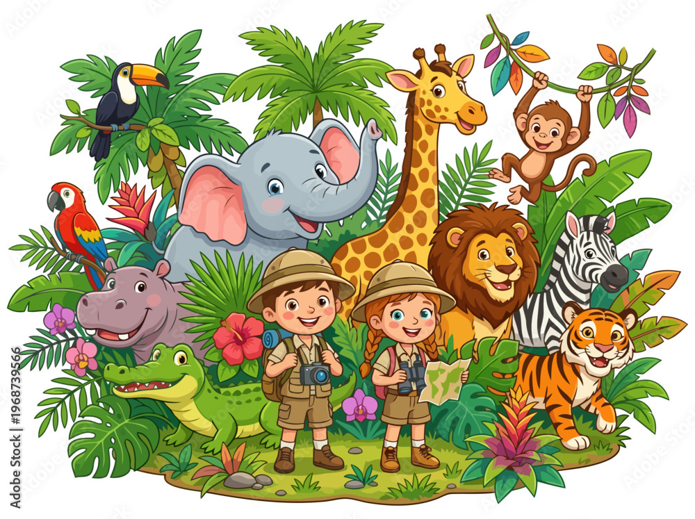 Naklejka premium Kids Safari Adventure with Wild Animals in Jungle