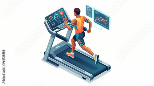 Flat isometric athlete running on a smart treadmill with glowing data