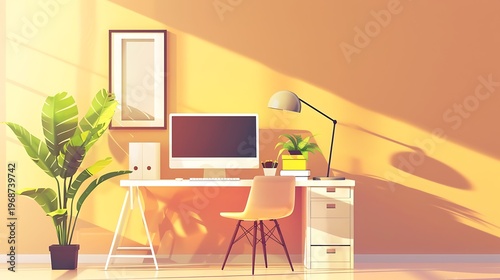 Vibrant modern home office interior with geometric shapes in pastel colors featuring a desk, chair, computer, lamp, and lush green plants.