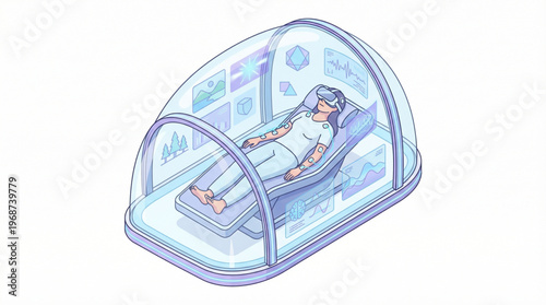 Flat isometric patient in an isolation chamber doing VR trauma therapy