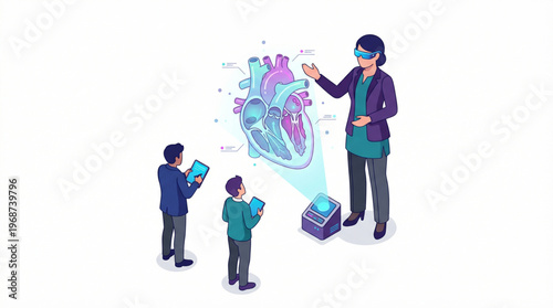 Flat isometric professor projecting a 3D organ hologram for students
