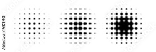 Halftone gradient circles collection. Dots textured round patterns. Cartoon comic radial faded background set. Abstract pixelated elements for frame, poster, collage, banner, flyer. Vector bundle