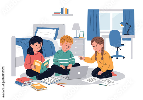 Flat style vector illustration of children doing homework together at home with books and laptop, collaborative learning and study support in a friendly environment