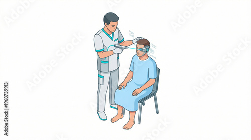 Flat isometric technician adjusting a cybernetic eye implant on a patient