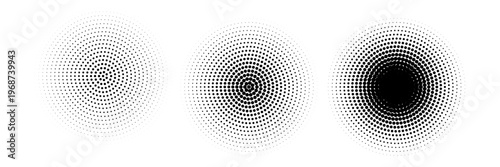 Halftone gradient circles collection. Dots textured round patterns. Cartoon comic radial faded background set. Abstract pixelated elements for frame, poster, collage, banner, flyer. Vector bundle