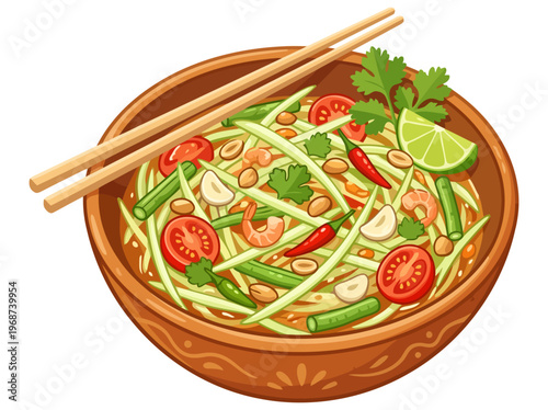 Thai Papaya Salad Som Tum with Chopsticks Illustration