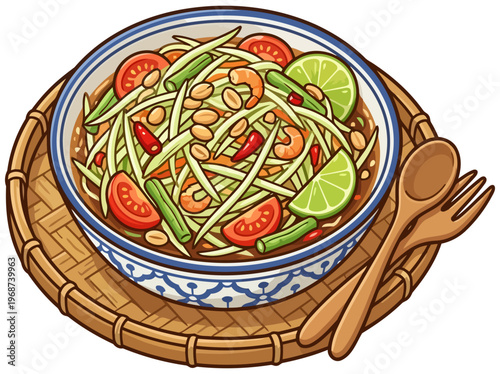 Thai Papaya Salad Som Tum in Traditional Ceramic Bowl