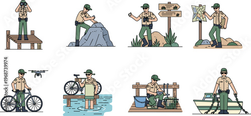 Park ranger outdoor activities nature conservation exploration navigation maintenance wildlife monitoring illustration design, environmental artwork concept, forest management image