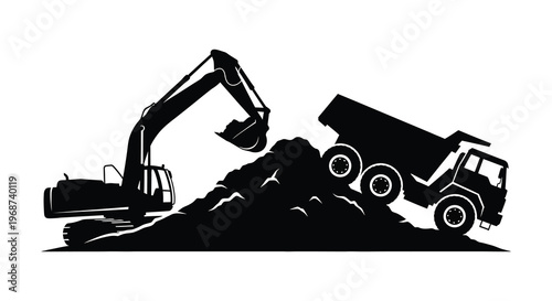 A black silhouette depicts an excavator and dump truck working on a dirt pile showcasing construction industry equipment silhouette high quality