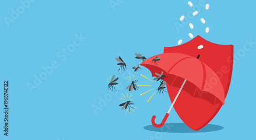 Mosquitoes flying around red shield and umbrella with pills falling flat design.