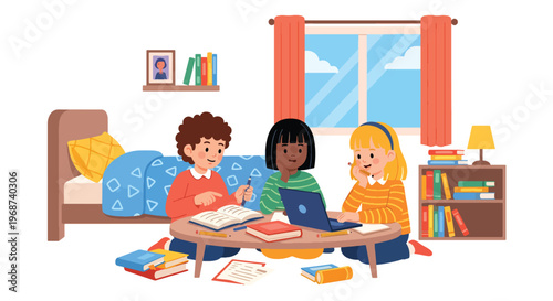Flat style vector illustration of children doing homework together at home with books and laptop, collaborative learning and study support in a friendly environment